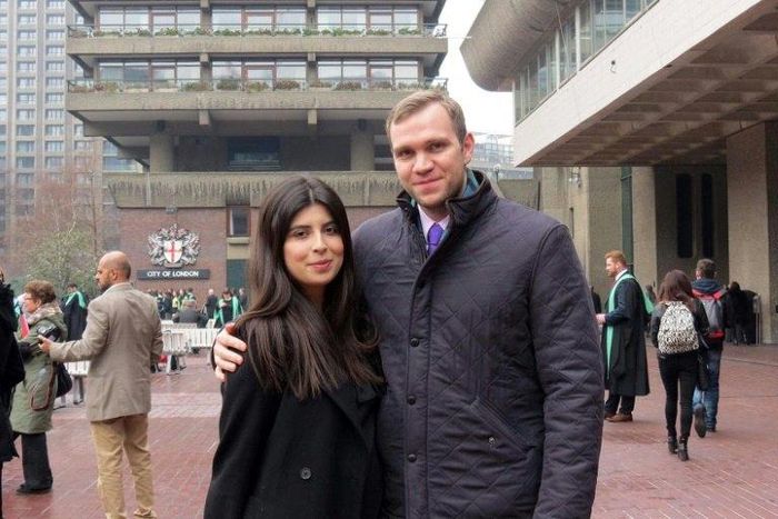 A handout photo taken in January 2017 and released by his family British student Matt Hedges (R) and his wife Daniela Tejada