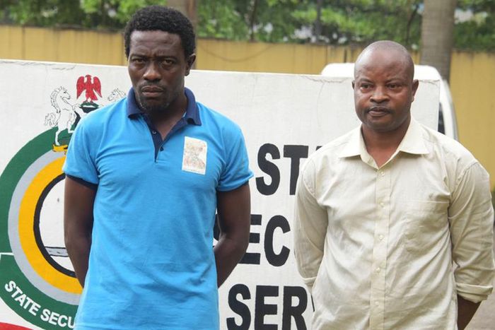 Mathew Adedoyin and his accomplice paraded by the DSS in Lagos. They are accused of kidnapping an American citizen