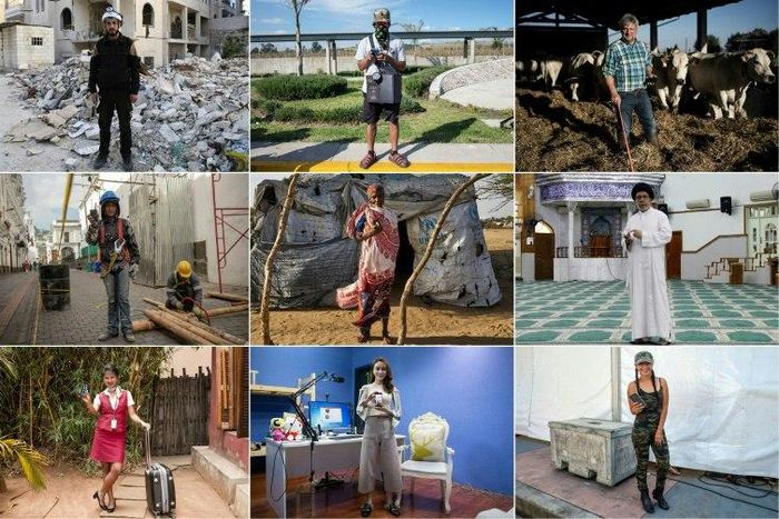 (COMBO) This combination of pictures created on November 12, 2018 shows a photo taken on October 29, 2018 of Mohammed Hamroush, a 29-year-old member of the Syrian civil defence (also known as the "White Helmets") holding his smartphone as he poses for ...