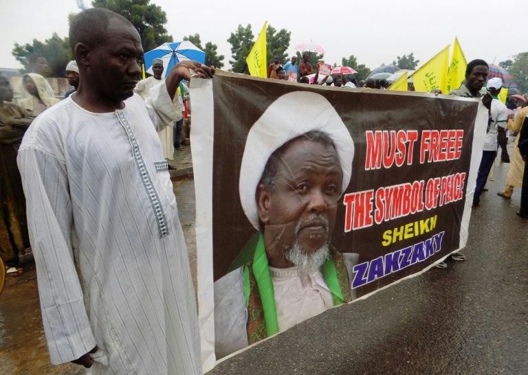 A banner with the image of pro-Iranian Shiite Muslim cleric Ibrahim Zakzaky, who who has been held in custody for more than two years in Nigeria