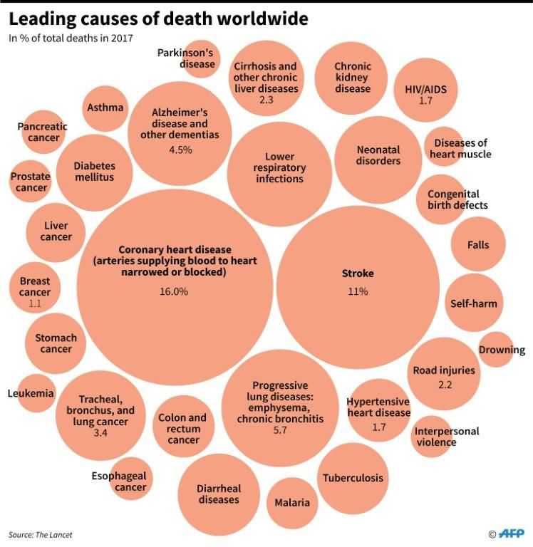 Leading causes of death, in percentage of total global deaths in 2017, according to figures published in the Lancet medical journal
