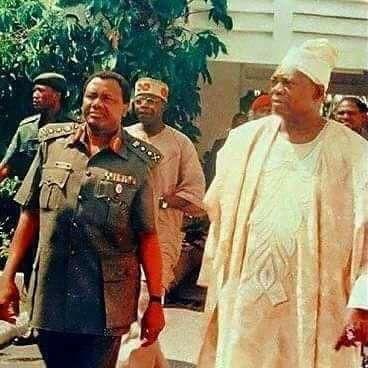 A photo of General Sani Abacha, MKO Abiola and Bola Ahmed Tinubu in 1993