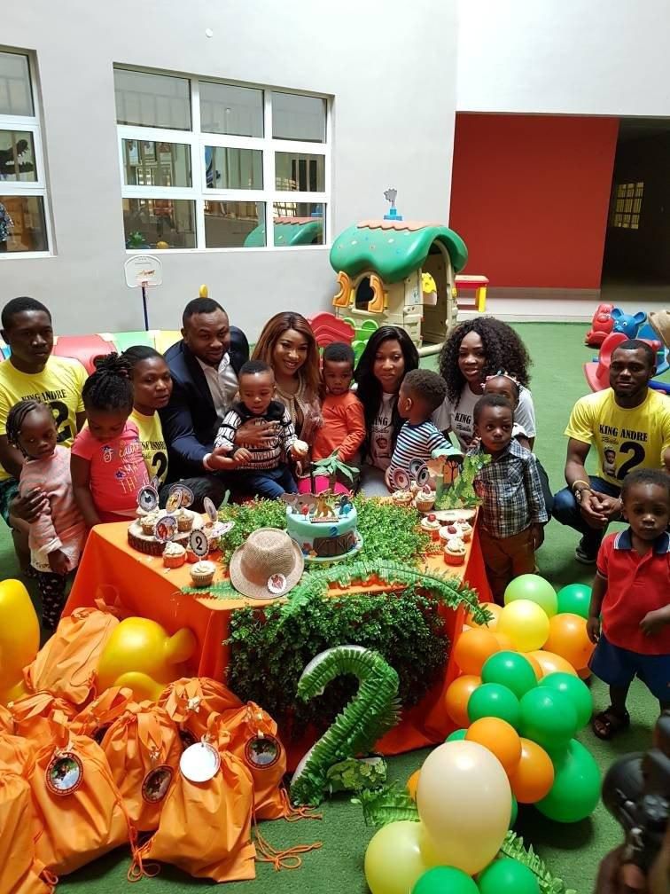 Tonto Dikeh, Churchill Oladunni with son and his classmates at his birthday party