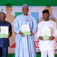 APC Chairman Adams Oshiomhole, President Muhammadu Buhari and Vice-President Yemi Osinbajo