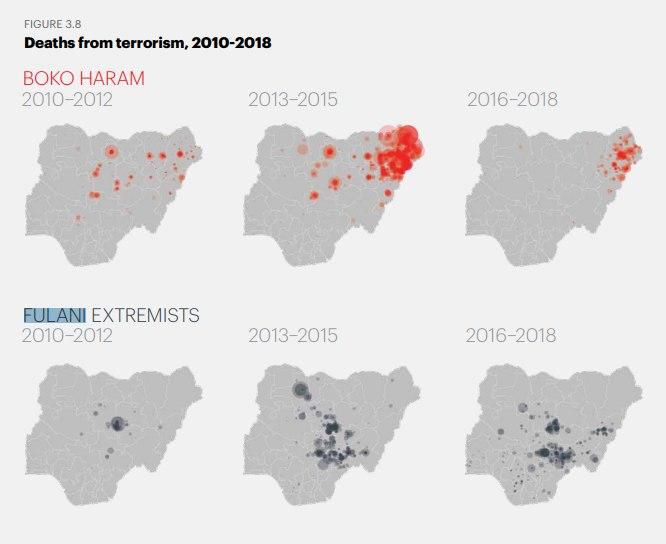 Heat map of attacks carried out by Boko Haram and Fulani extremists between 2010 and 2018