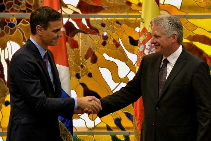 Spain Prime Minister Pedro Sanchez (L) meets with Cuba President Miguel Diaz-Canel during the former's historic visit to the island