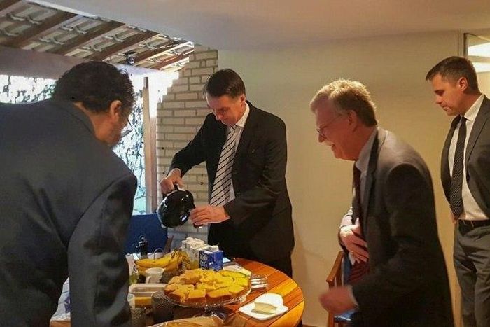 Brazil's president-elect Jair Bolsonaro (2nd left) and US National Security Advisor John Bolton (2nd right) share a working breakfast in Rio de Janeiro