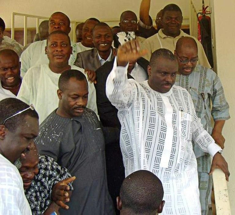 James Ibori, seen here in 2009 wearing white and raising his hand, served as governor of the oil-rich Delta state between 1999 and 2007