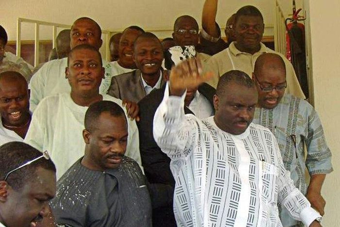 James Ibori, seen here in 2009 wearing white and raising his hand, served as governor of the oil-rich Delta state between 1999 and 2007