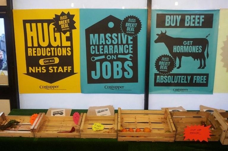Over-priced and scarce produce is on offer at the 'Costupper Brexit Minimart' selling items with anti-Brexit themed labels