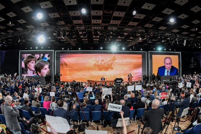 Russian President Vladimir Putin faces journalists at last year's annual press conference