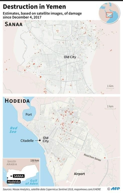 Map showing damaged in Sanaa and Hodeida since December 2017.