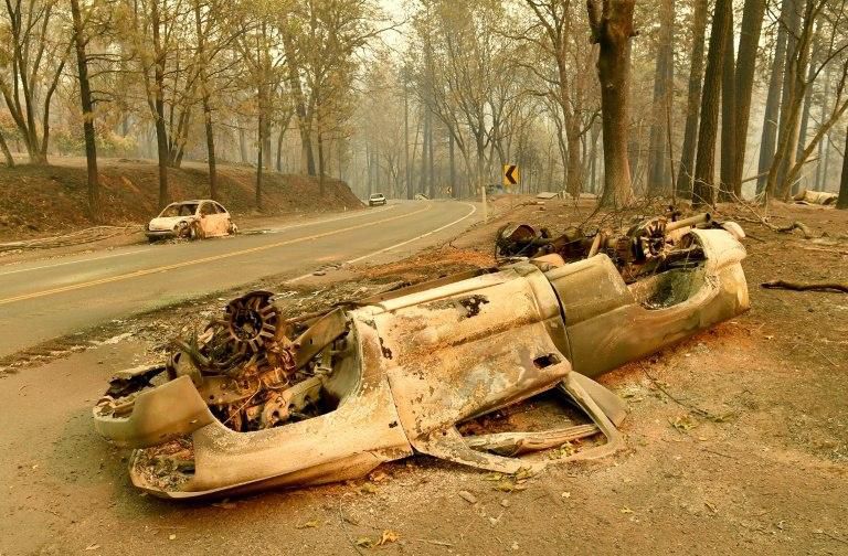 Burned cars from the "Camp Fire" in Paradise, California
