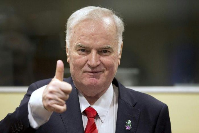 Former Bosnian Serb army chief Ratko Mladic, pictured November 2017, once dubbed the Butcher of Bosnia, told the Serbian commercial station Happy, "Grandpa Ratko sends you kisses" via a live phone call from jail