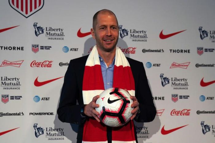 Coach Gregg Berhalter poses after he was introduced as the new US football national team head coach during a press conference at The Glasshouses in New York City