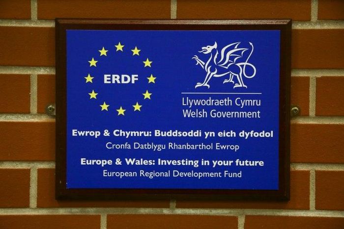 The 12 stars of the European Union displayed next to the Welsh dragon at Swansea University's new campus, which the EU helped finance