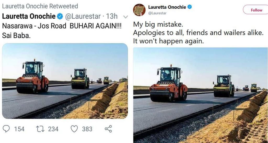 Lauretta Onochie's false information (left) and her apology (right)