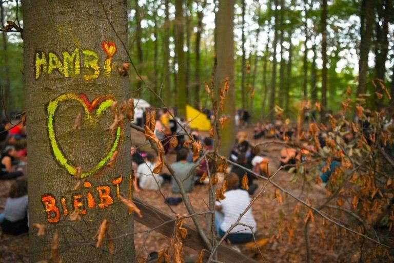 Activists have occupied the ancient forest for six years, their protest a symbol of opposition to dirty coal, and they had cause to celebrate -- the graffiti reads Hambi stays -- after a court suspended razing of the woodland