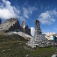 A WWI memorial stands beside the Tre Cime peaks that were the scene of heavy fighting from 1915-1917 between Austria-Hungary and Italy