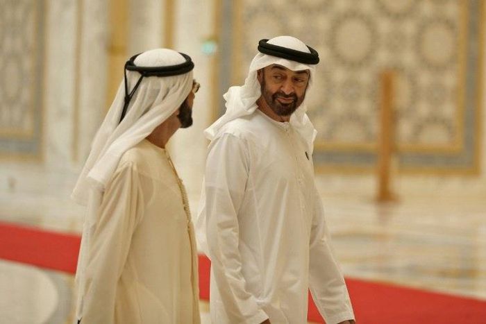 Abu Dhabi's Crown Prince Mohammed bin Zayed (R, pictured July 2018) led a "top-level delegation" to Riyadh after the US halted a controversial refuelling arrangement for coalition air craft engaged in Yemen