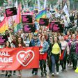 Gay rights campaigners march through Belfast July, 2017 to protest a ban on same-sex marriage