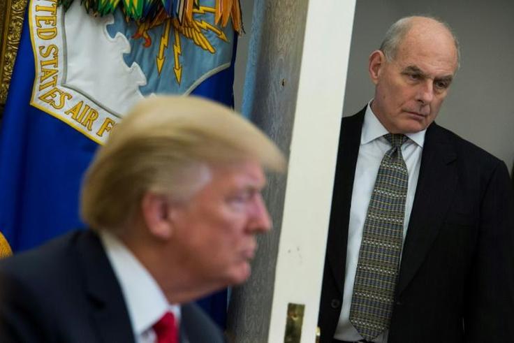 President Donald Trump, pictured in February 2018 with his outgoing chief of staff John Kelly, whom he is struggling to replace in a White House beset by turmoil, infight and legal probes