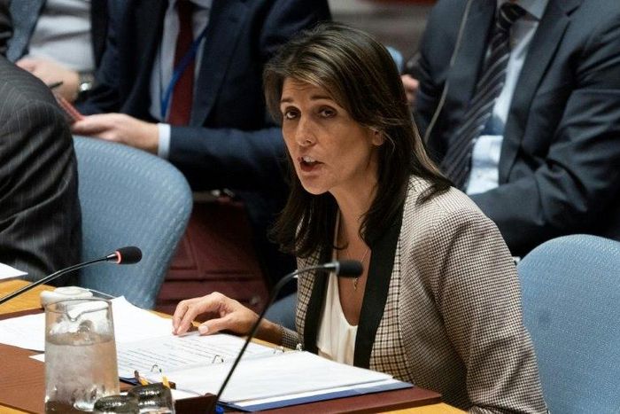 The US won crucial backing from the EU for the draft resolution that condemns the firing by Hamas of rockets into Israel and demands an end to the violence, a measure championed by US Ambassador Nikki Haley (pictured November 26, 2018)