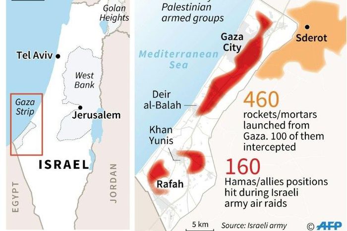 Map of the Gaza Strip and southern Israel as of November 12-13, 2018, locating main areas hit by Israeli army air raids and Palestinian mortars and rockets
