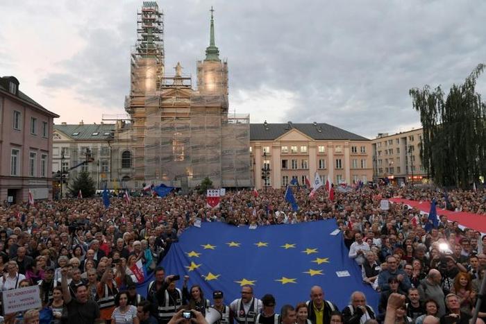 Protesters, pictured in July 2018, are seen demonstrating outside Poland's Supreme Court building in Warsaw