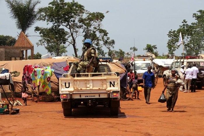 Peacekeepers from Gabon on patrol in the city of Bria in the Central African Republic