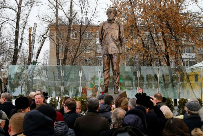 A statue of Russian writer and dissident Alexander Solzhenitsyn during its unveiling ceremony in Moscow on the 100th anniversary of his birth