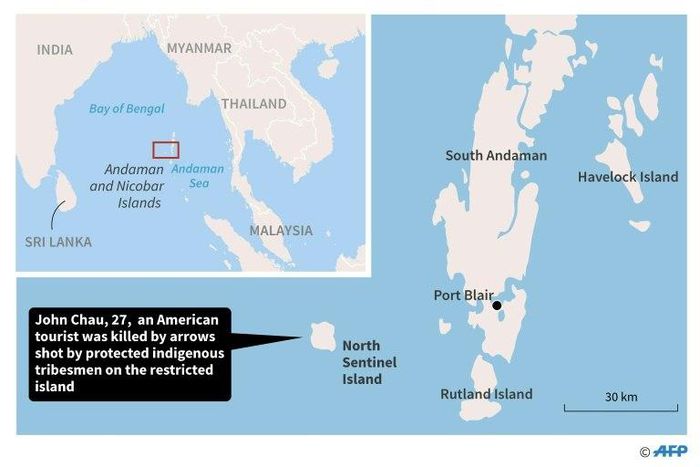 Map showing the remote North Sentinel Island in India's Andaman islands