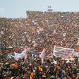 Andry Rajoelina, pictured here at a campaign rally, is ahead in Madagascar's vote count. He is on course for a runoff on December 19 against another former president, Marc Ravalomanana