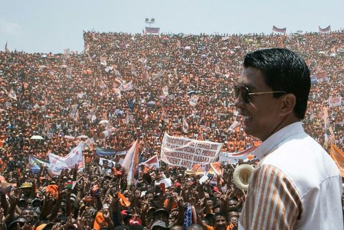 Andry Rajoelina, pictured here at a campaign rally, is ahead in Madagascar's vote count. He is on course for a runoff on December 19 against another former president, Marc Ravalomanana