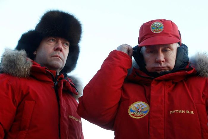 Russian President Vladimir Putin, right, and Prime Minister Dmitry Medvedev visit the Arctic last year, where Moscow is increasingly seeking to assert its influence