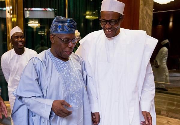 Former President Olusegun Obasanjo (L) with President Buhari (R) at the State House, Abuja (Punch)