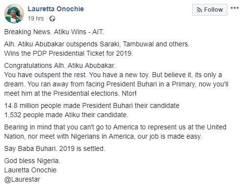 Lauretta Onochie comments on Abubakar Atiku's emergence as the presidential candidate of the People's Democratic Party (PDP)