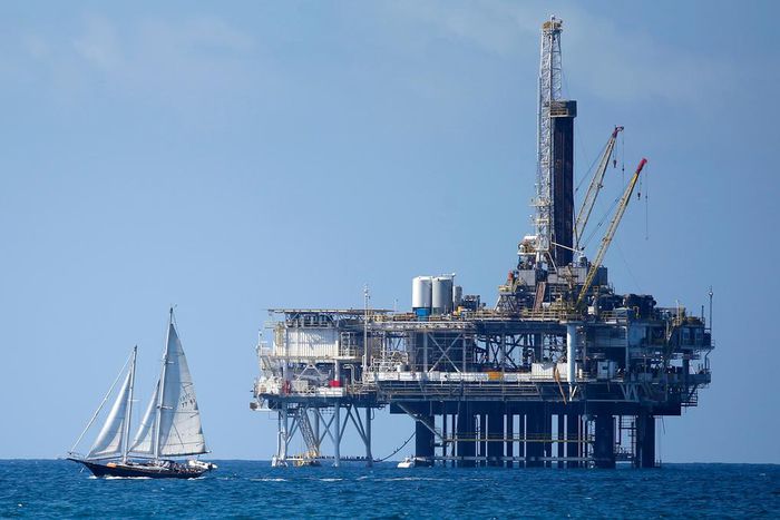 An offshore oil platform is seen in Huntington Beach, California on September 28, 2014.