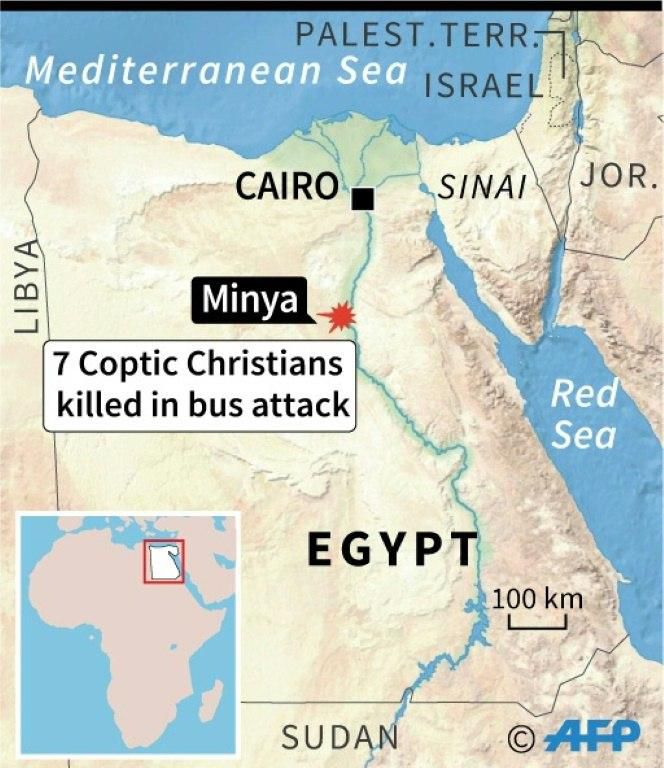 Map locating Minya in Egypt where seven Coptic Christians were killed in an attack on their bus on November 2, 2018