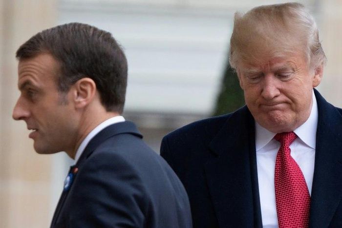 US President Donald Trump (R), seen here during his November 10, 2018 visit to Paris, has again pressed French President Emmanuel Macron over trade and defense spending