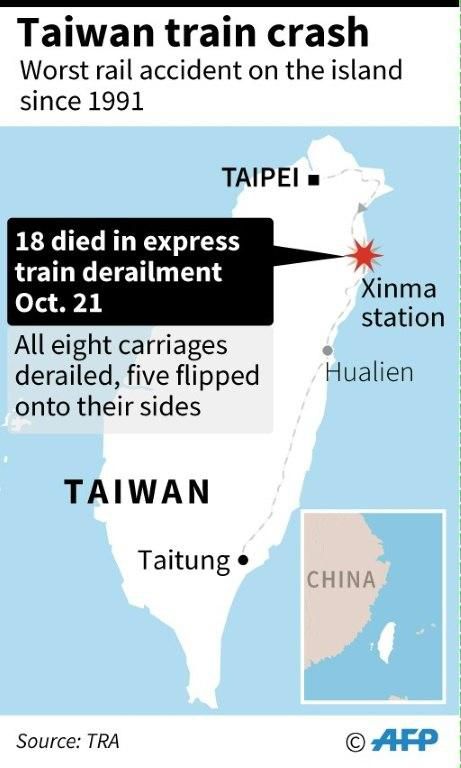 Map locating Taiwan's the train crash in Taiwan on Sunday that left 18 people dead.