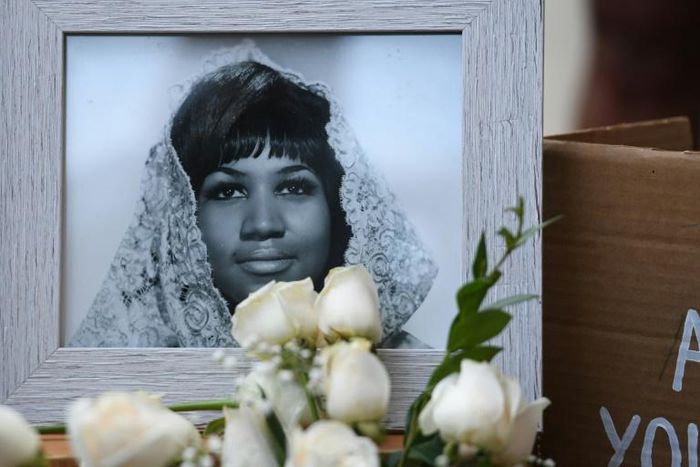 A photograph of American soul legend Aretha Franklin displayed after her death in August 2018, aged 76