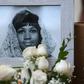 A photograph of American soul legend Aretha Franklin displayed after her death in August 2018, aged 76