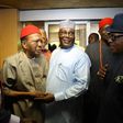 Atiku Abubakar shares a hug with Professor Ben Nwabueze, an elder statesman in the southeast region