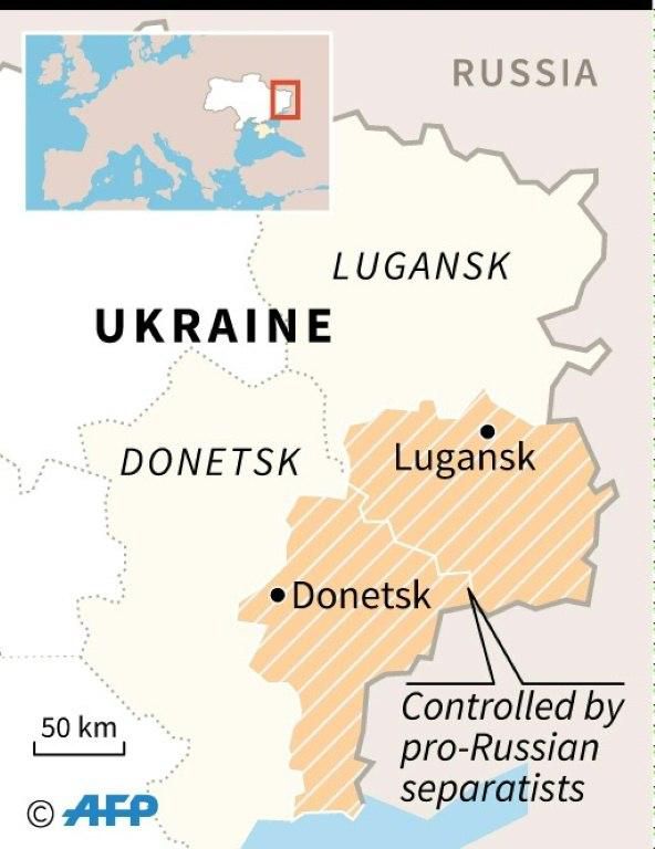 A map of eastern Ukraine locating the Russian-back insurgent regions of Lugansk and Donetsk
