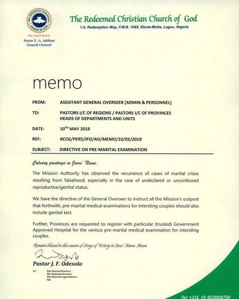 RCCG's controversial memo