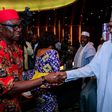 President Muhammadu Buhari shakes hands with Ekiti State governor, Ayodele Fayose