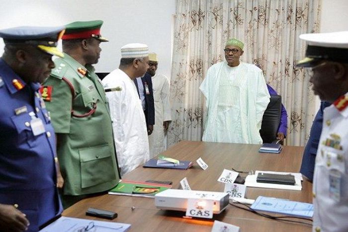 President Buhari meets with service chiefs after he succeeded Goodluck Jonathan as President in 2015
