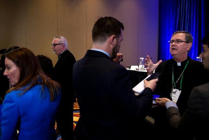 Burlington Bishop Christopher Coyne (L) and Indiana Bishop Timothy Doherty, chair of the committee for the Protection of Children and Young People, at the US Conference of Catholic Bishops, which took place amid fallout from the pedophile priests scand...