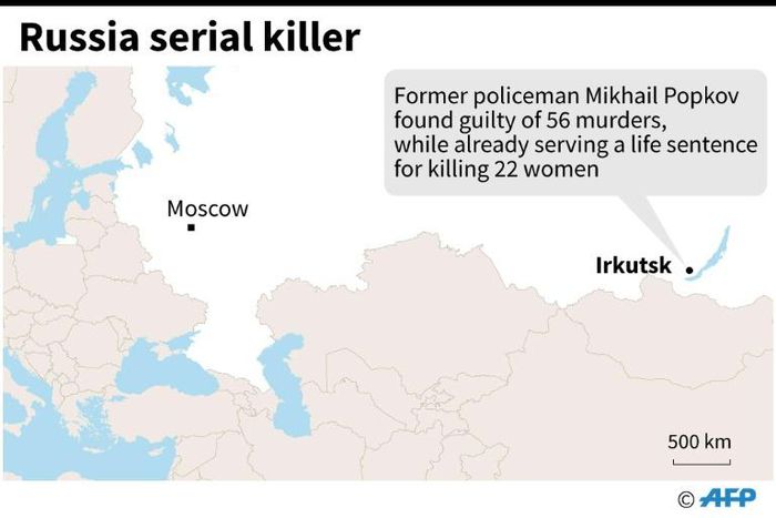 Map locating Irkutsk in Russia where a former policeman was found guilty of 56 murders on December 10, while already serving a life sentence for killing 22 women.